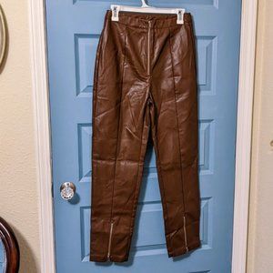 Shein Brown Faux Leather Pants with Zipper Detail - Size 4